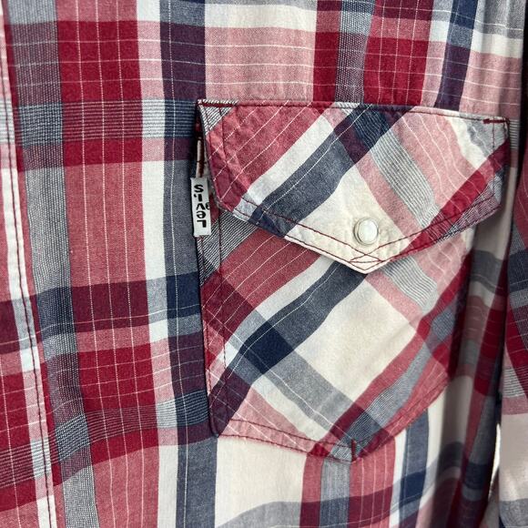 Vintage Levi's Red Blue White Plaid Striped Casual Pearl Snap Western Men's XXL - Picture 5 of 12